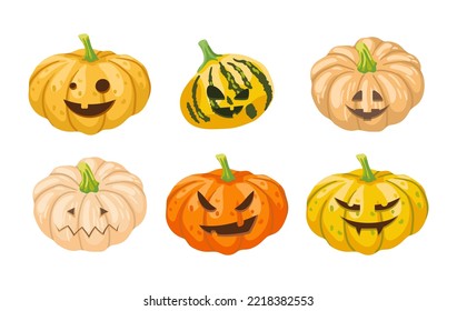 Pumpkin creepy faces set. Vector illustrations of cute grinning vegetable characters. Cartoon funny scary lanterns for Halloween celebration isolated on white. Horror, carving, holiday concept