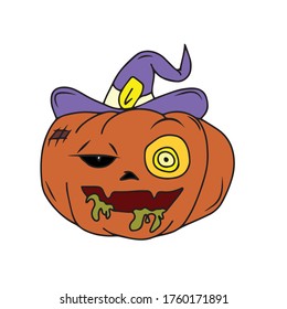 Pumpkin creepy in a hat, vector design for banner, poster, greeting card, party invitation.