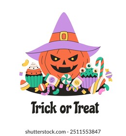 Pumpkin with creepy sweets and candies. Happy Halloween, Trick or treat. Vector illustration in flat style