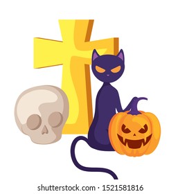 pumpkin with cross and icons halloween vector illustration design