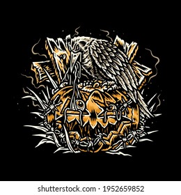Pumpkin with Crow, pumpkin illustration, crow vector illustration