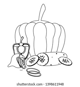 Pumpkin and cucumber with onion with pepper in black and white