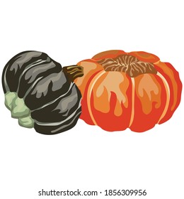 A pumpkin is a cultivar of winter squash that is round with smooth, slightly ribbed skin, and is most often deep yellow to orange in coloration.[1] The thick shell contains the seeds and pulp.