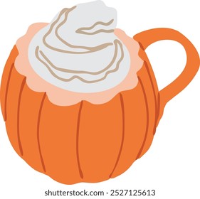 Taza de calabaza con bebida caliente y sombrero de crema batida. Bebida caliente deliciosa del otoño.