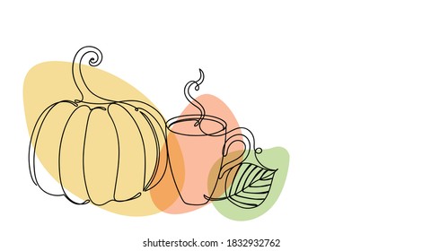 Pumpkin, a cup and a leaf in a hand drawn linear style with colorful abstract stains. Isolated on white.