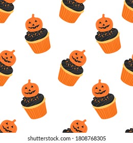 Pumpkin cupcake illustration seamless pattern on white background for wrapping paper, wallpaper or greeting card etc.