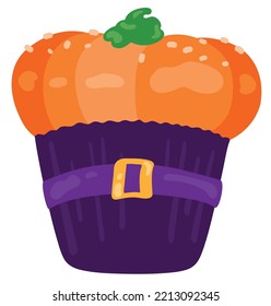 Pumpkin cupcake in purple wrapper with buckle. Halloween theme. Hand drawn vector illustration. Suitable for website, stickers, postcards.