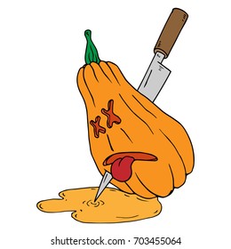 Pumpkin cut with a knife. The knife sticks out of the pumpkin. Dead Halloween pumpkin with sticking out tongue. Vector illustration.