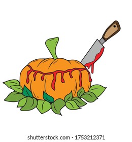 La calabaza se corta con un cuchillo, diseño vectorial para banner, afiche, tarjeta de saludo, invitación de fiesta.Elemento tradicional de Halloween. Ilustración vectorial.