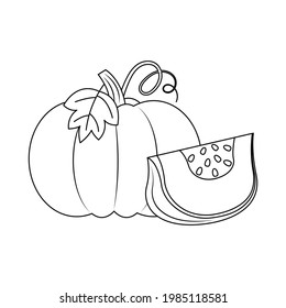 Calabaza y un corte de la ilustración vectorial de calabaza aislada en la página de color de fondo blanco.