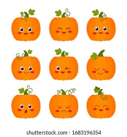 Pumpkin. Cute cartoon characters. Different emotions. Caricature. Vector illustration For packaging, brochures, advertising, design.
