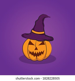 pumpkin cute character halloween with hat ornament object, purple color background