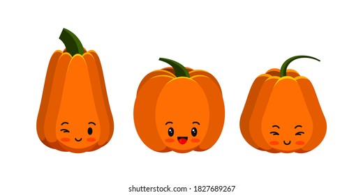 Un icono de calabaza lindo emoticono aislado en blanco. Día de Acción de Gracias, colección de personajes emoticonos de halloween. Cosecha de granjas, calabaza de closet. Caricatura gastrónomo de diseño plano de Kawaii. Ilustración vegetal de alimento vectorial