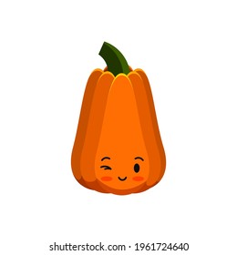 Pumpkin cute emoji winks isolated on white. Thanksgiving, halloween emoticon character. Farm harvest, closeup squash. Kawaii flat design cartoon style gourd. Vector food vegetable illustration.