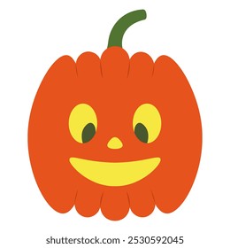 Pumpkin. Cute grimace with a smile on his face. Orange vegetable with a green stalk. Color vector illustration. Isolated on white background. Flat style. Halloween symbol. Idea for web design.