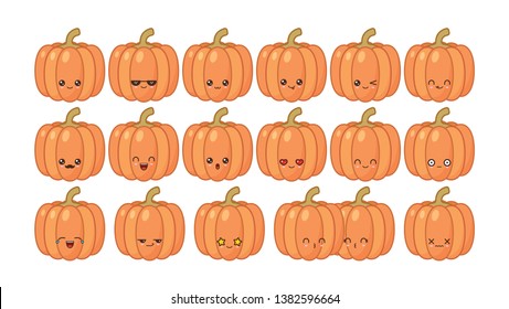 Pumpkin cute kawaii mascot. Set kawaii food faces expressions smile emoticons. 