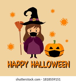 Pumpkin and cute witch wearing medical face mask with virus cells around in flat design. Halloween festival in Covid-19 Coronavirus outbreak concept vector illustration.