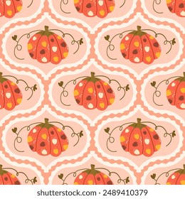 Pumpkin damask seamless pattern. Textured halloween vegetable traditional repeat background. Autumn retro endless design. Vector hand drawn illustration.