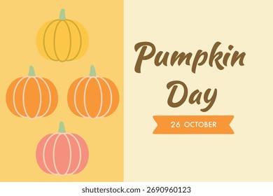 Día de la calabaza 26 de octubre con cuatro calabazas sobre fondo amarillo otoño otoño