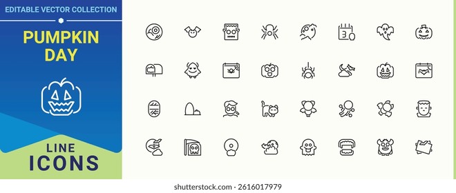 Pumpkin Day vector line icon set. Contains such icons as magic, ghost, horror, celebration, spider and more. Halloween vector line icon set. Minimal icons pack. Pixel perfect. Vector illustration.