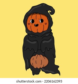 pumpkin in death costume picking candy halloween illustration