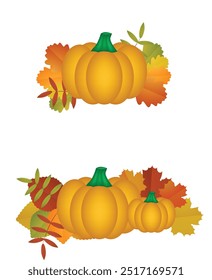 Pumpkin Decorated with Colorful Fallen Leaves. Seasonal harvest graphic element vector art