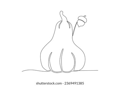A pumpkin with decorations behind it. Thanksgiving one-line drawing