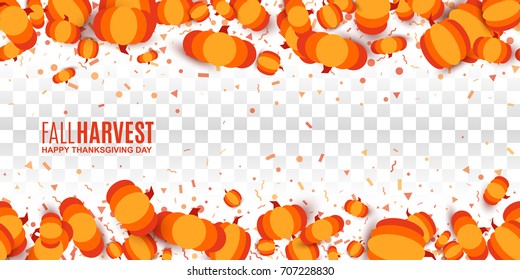 Pumpkin decorative border seamless on horizontal. Fall Harvest pattern on white transparent checkered background. All isolated and layered