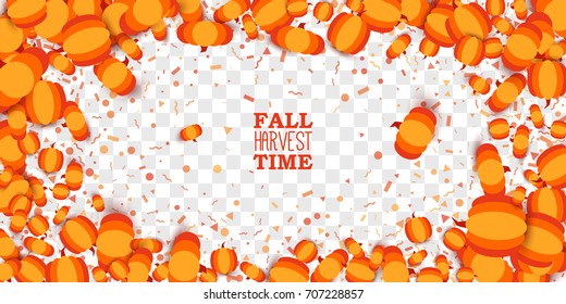 Pumpkin decorative frame. Fall Harvest Time border on white transparent checkered background. All isolated and layered