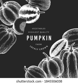 Pumpkin design template. Vector hand drawn illustrations on chalk board. Thanksgiving backdrop in retro style with pumpkin harvest. Autumn background.