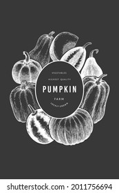 Pumpkin design template. Vector hand drawn illustrations on chalk board. Thanksgiving backdrop in retro style with pumpkin harvest. Autumn background.