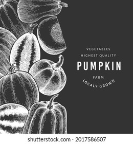 Pumpkin design template. Vector hand drawn illustrations on chalk board. Thanksgiving backdrop in retro style with pumpkin harvest. Autumn background.