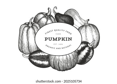 Pumpkin design template. Vector hand drawn illustrations. Thanksgiving backdrop in retro style with pumpkin harvest. Autumn background.