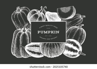 Pumpkin design template. Vector hand drawn illustrations on chalk board. Thanksgiving backdrop in retro style with pumpkin harvest. Autumn background.