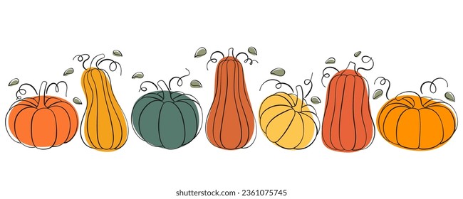 Pumpkin design for Thanksgiving or Halloween. Composition of pumpkins in line art style. Outlined pumpkin, pumpkin doodles.