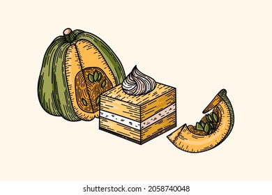 Pumpkin dessert composition. Slice of pie vector illustration