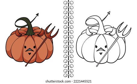 Pumpkin Devil. Coloring book, outline and doodle cute pumpkin characters. Halloween, trick or treat coloring book page activity for kids and adults. Hand drawn vector illustration. 