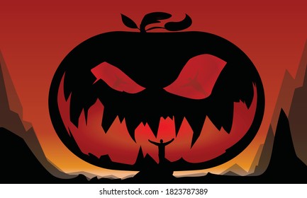 Pumpkin devil, fire from hell, face of evil in halloween party horror holiday concept. Ghost with burning, satanic, illustration, trick or theat.