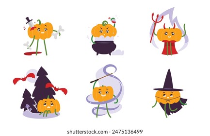Pumpkin in different poses. Halloween character collection.
