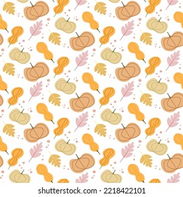 pumpkin in different shapes and colors  with autumn leaves  seamless pattern