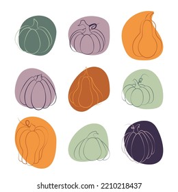 Pumpkin of different shapes on a background of colored spots. Thanksgiving and Halloween elements.