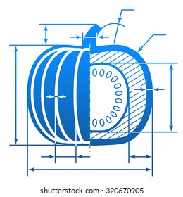 Pumpkin with dimension lines. Element of blueprint drawing in shape of squash. Vector illustration