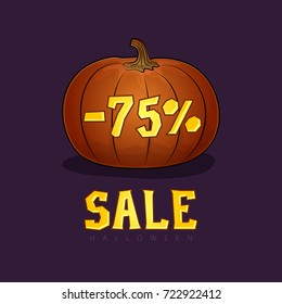 Pumpkin with a Discount Seventy Five Percent, Halloween Sale, Banner with Discounts Digits for the Holiday, Vector Illustration