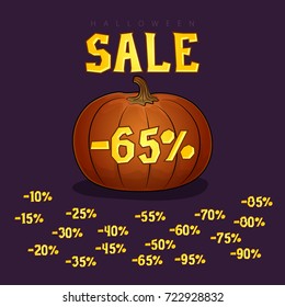 Pumpkin with a Discount Sixty Five Percent, Halloween Sale, Set of Different Discounts Digits for the Holiday, Vector Illustration 
