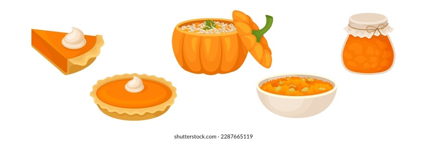 Pumpkin Dish and Food with Ripe Bright Orange Crop Vector Set