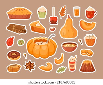 Pumpkin dish stickers. Vector set of dishes with fresh ripe pumpkin, jam jar, fruitcake, soup, latte with cinnamon. Traditional autumn Thanksgiving food. Autumn set for halloween invitation, harvest