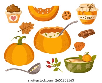Prato de abóbora. Conjunto vetor de pratos com abóbora madura fresca, jarra de geleia, bolo de frutas, sopa. Comida tradicional de Ação de Graças do outono. Conjunto de outono para convite de Halloween, colheita, menu