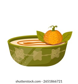 Prato de abóbora. Conjunto vetor de pratos com abóbora madura fresca, jarra de geleia, bolo de frutas, sopa. Comida tradicional de Ação de Graças do outono. Outono definido para o convite do dia das bruxas, colheita, menu