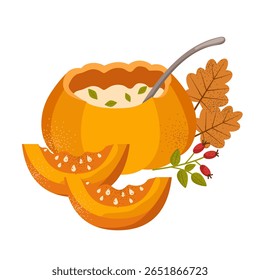 Prato de abóbora. Conjunto vetor de pratos com abóbora madura fresca, jarra de geleia, bolo de frutas, sopa. Comida tradicional de Ação de Graças do outono. Outono definido para o convite do dia das bruxas, colheita, menu