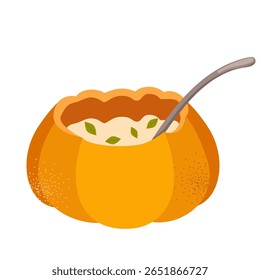 Prato de abóbora. Conjunto vetor de pratos com abóbora madura fresca, jarra de geleia, bolo de frutas, sopa. Comida tradicional de Ação de Graças do outono. Outono definido para o convite do dia das bruxas, colheita, menu